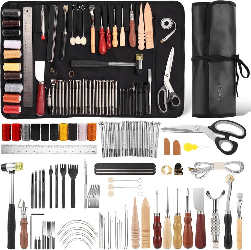 Nicpro 85PCS Leather Tooling Kit Leather Working Tools Kit with Custom Storage Bag, Adults Leather Making Craft Tools Beginner Kit for Stamping Sewing Carving Cutting Punching Leather Working - Image 1